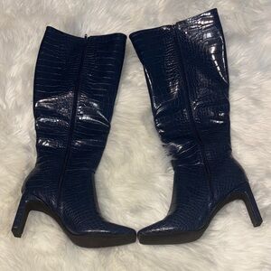 Women's Navy Croc-Embossed Knee Boots with Pointed Toe